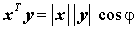 Skalarprodukt, aufgeschrieben mit dem eingeschlossenen Winkel