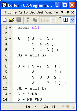 Matlab-Script: Berechnung der "Nullraum-Basis" für zwei kleine Matrizen