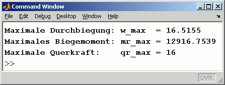 Command Window mit den Maximalwerten